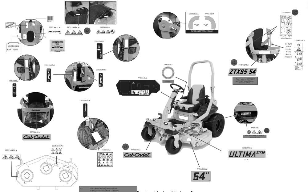 Label Map Diagram and Parts List for ZTXS5-54KW (47RKCAB7A10)(2023) Cub Cadet Lawn Tractor
